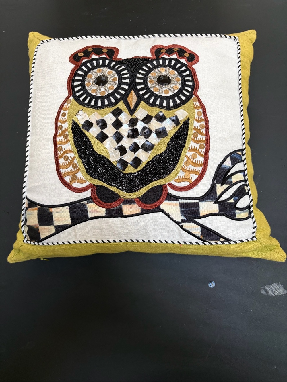 Mackenzie Childs Beaded Owl Accent Pillow and Courtly Check